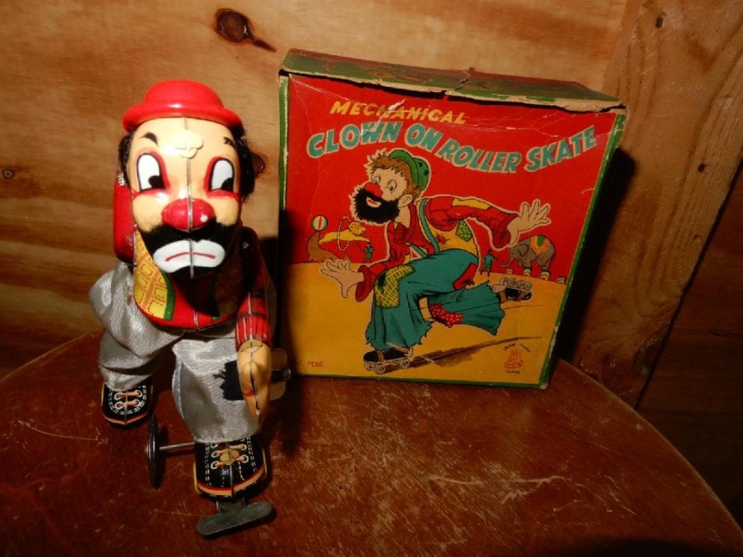 ☆動作済☆人気絶大 ブリキ50'S ピエロのローラースケート箱付☆全高約１６cm