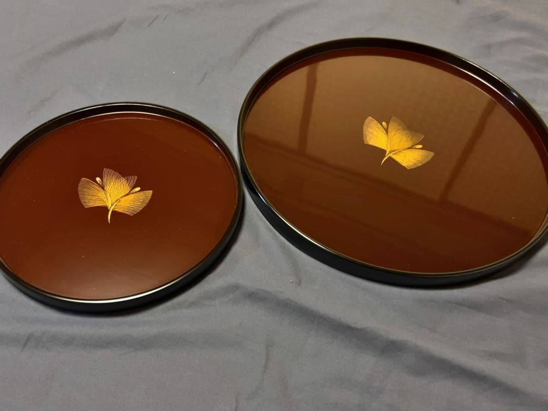輪島塗 塩安漆器工房 丸盆 寿松沈金 大小セット