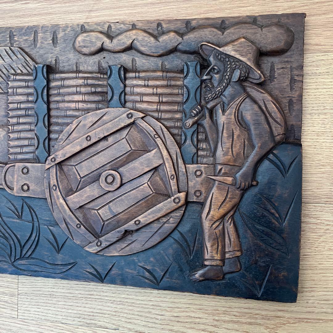 木製農業シーン浮彫りレリーフ 約８０cm 他に１枚