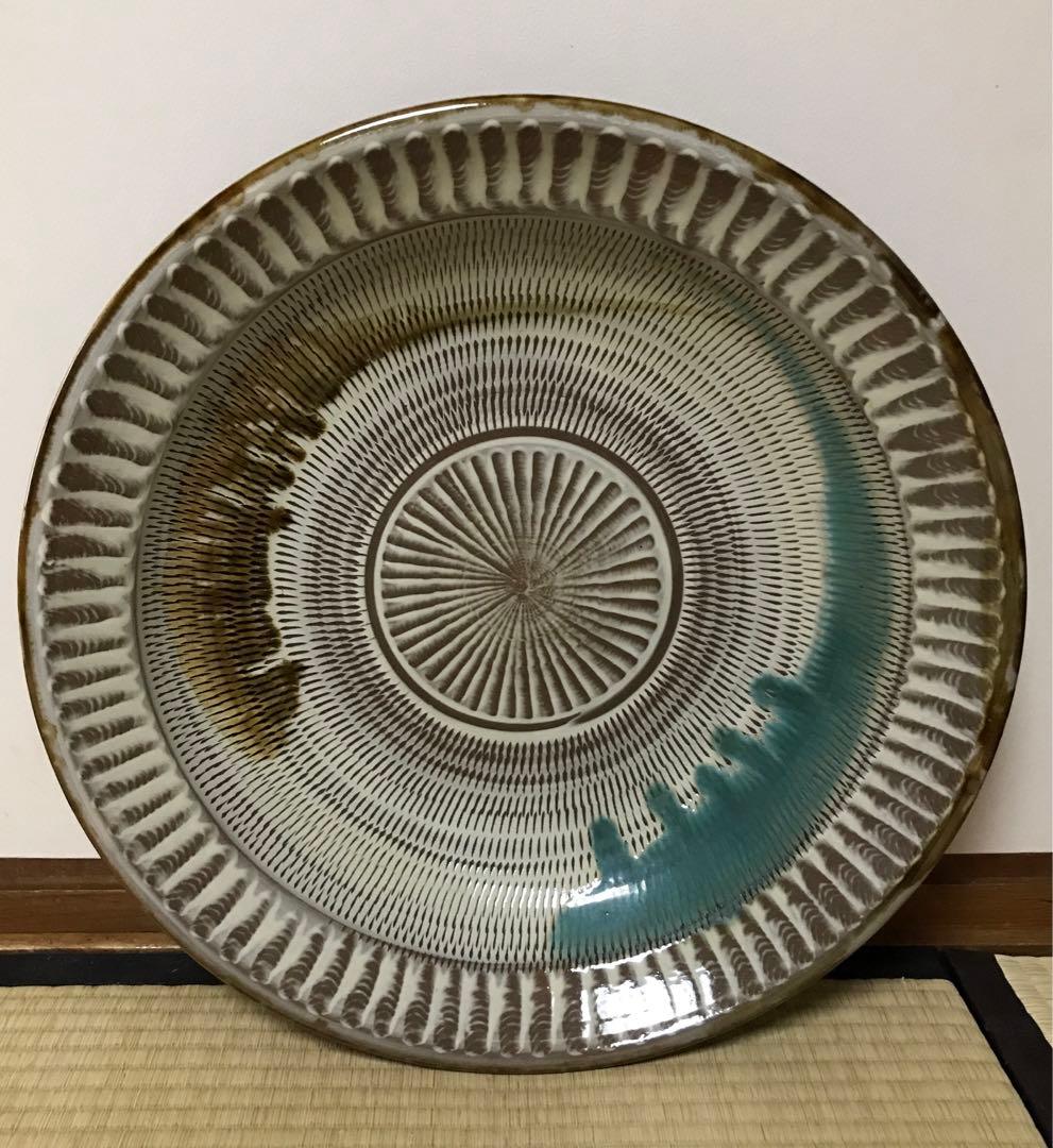 小石原焼の特大皿　陶器　飛び鉋　径約49㎝