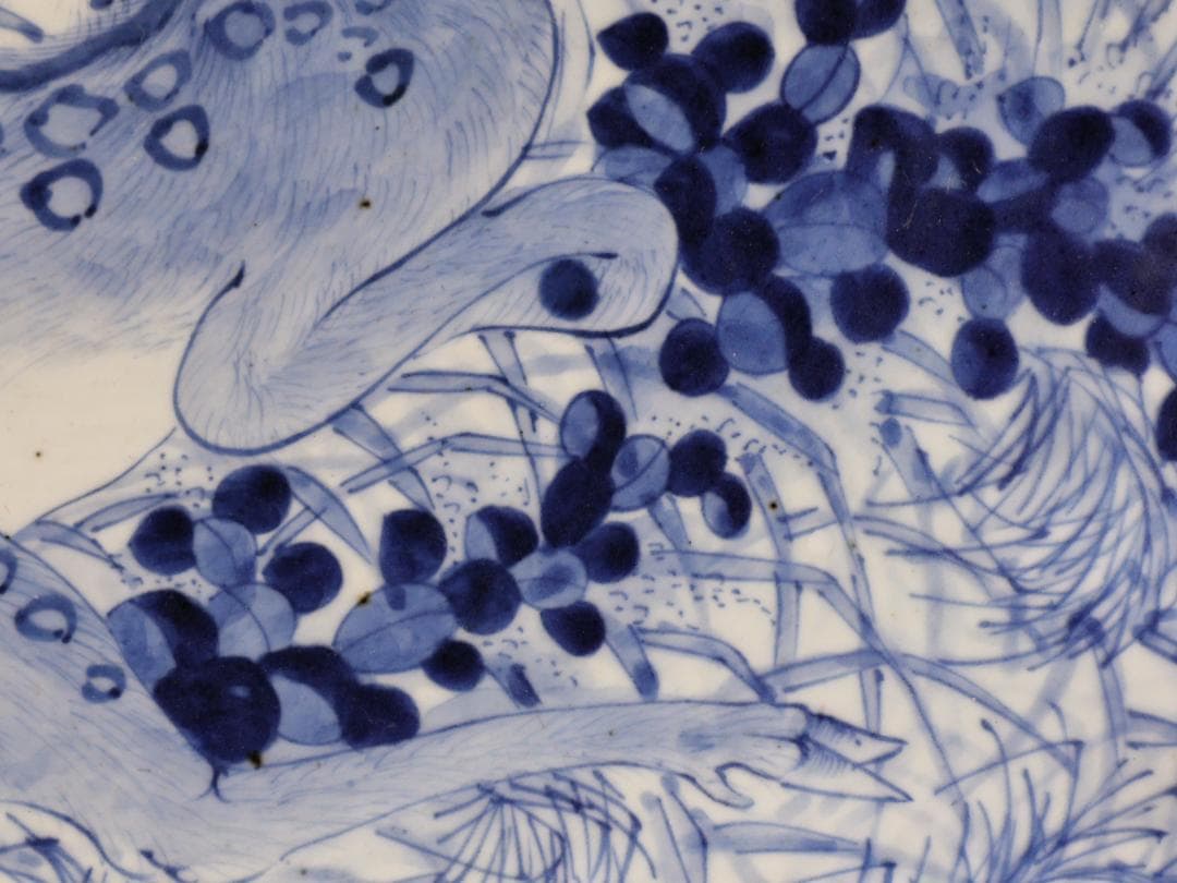 BK265　江戸期　古伊万里　古染付鹿文　大皿　49㎝　二重角福　1尺6寸