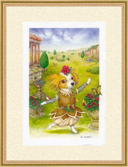 ✨【原画】『庭園でダンス』（絵画　パステル画　パピヨン　植物画　動物画　犬の絵）