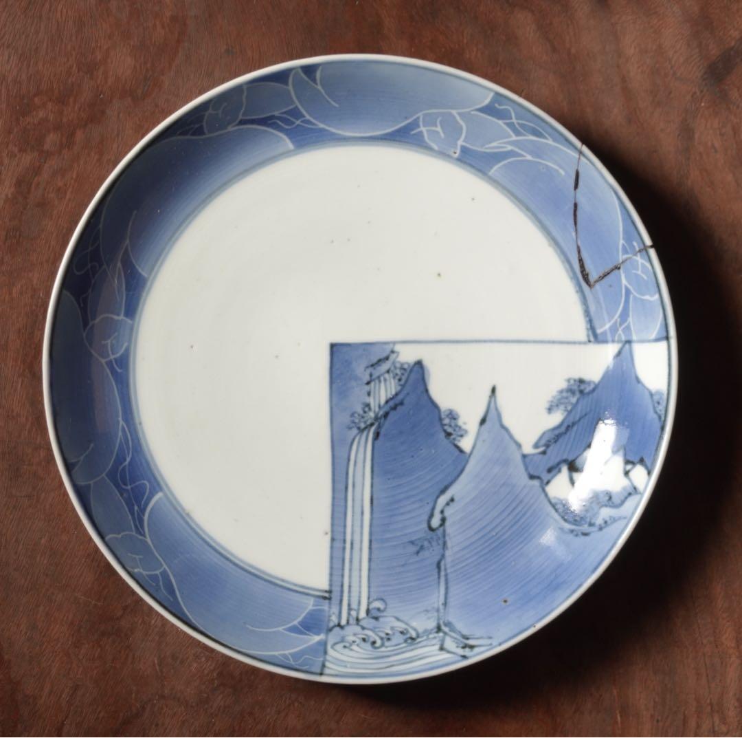 江戸時代　前期　古伊万里　藍九谷　染付　墨はじき縁　山水図　中皿　七寸皿　飾皿