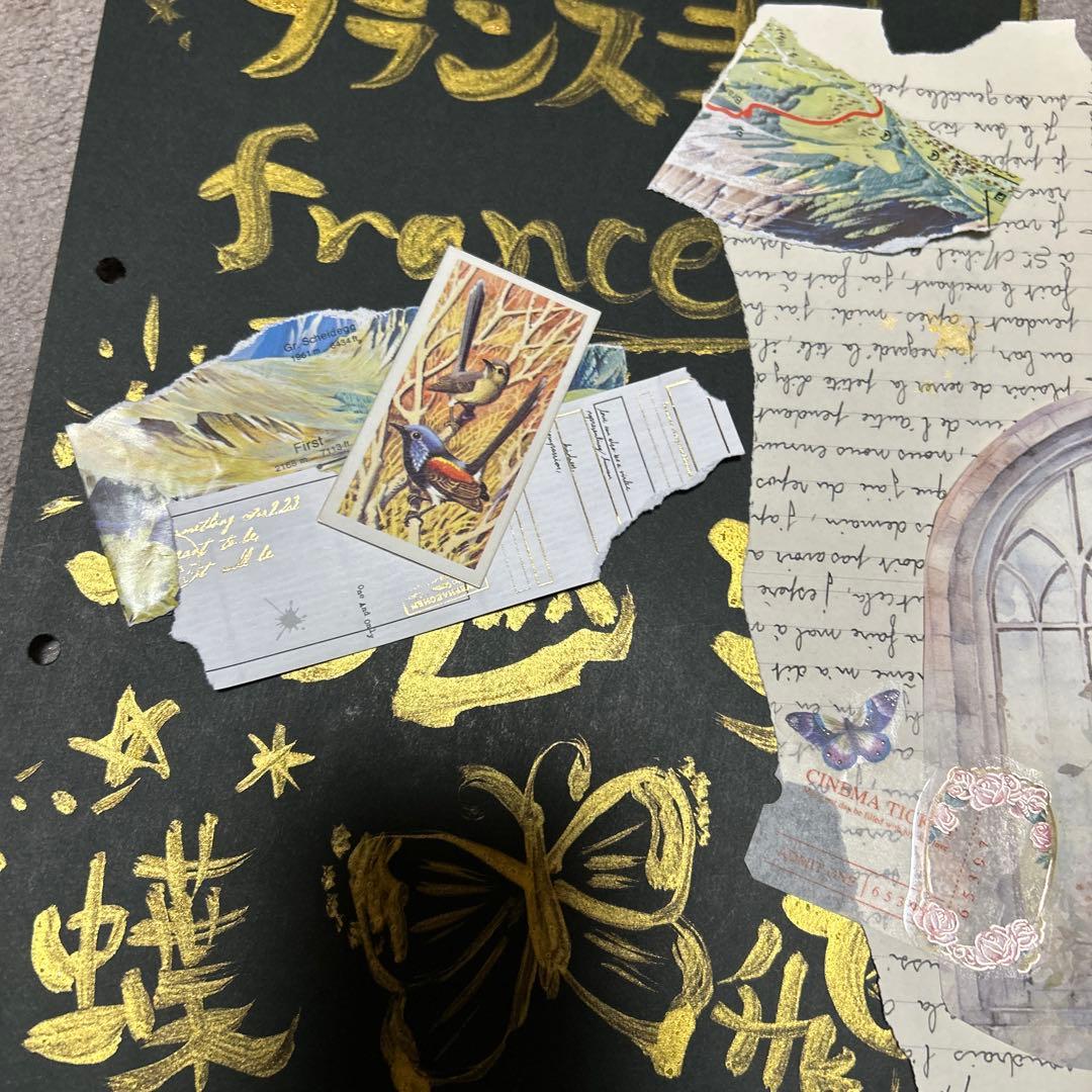 艶猫旅｜黒×金 作品ジャンクジャーナル5枚セット猫足跡merci紙ものコラージュ