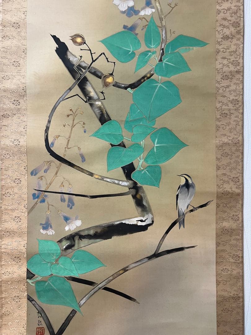 掛け軸　日本画 ［桐の花］絹本　木箱　送料込み！