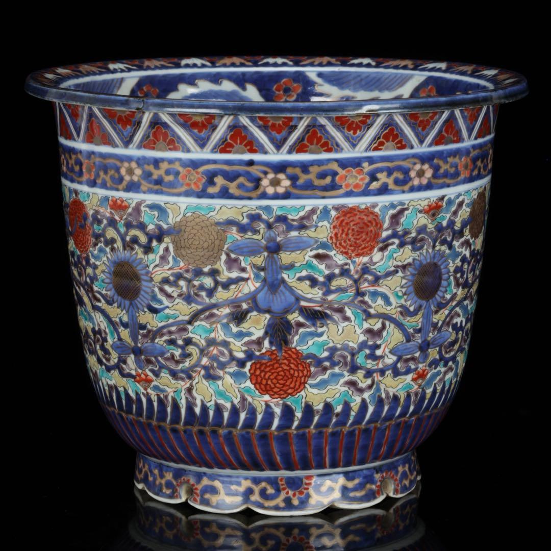 【古伊万里】色絵金彩大鉢 菊牡丹文様 植木鉢 蘭鉢 盆栽鉢 火鉢 骨董 古美術