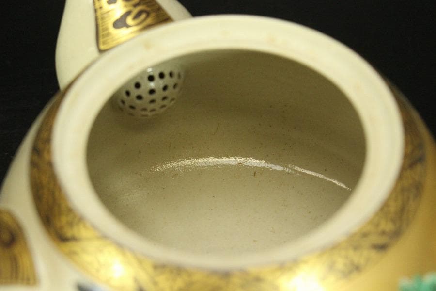 九谷焼 御香茶器 急須 碗 色絵 金彩 錦泉作 木箱付(メ1333)