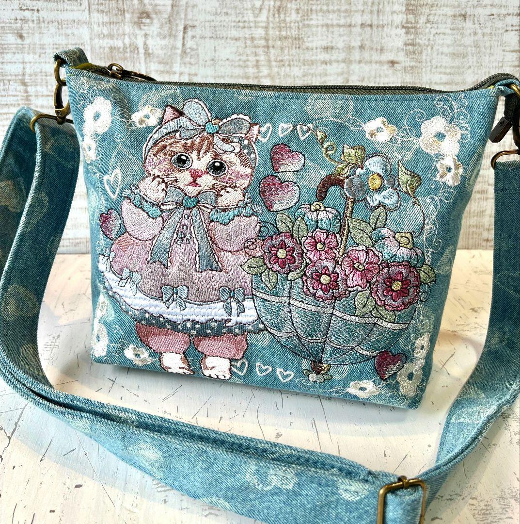 インディゴハート柄デニム♡刺繍のショルダーバッグ♡フリルリボン猫ちゃん
