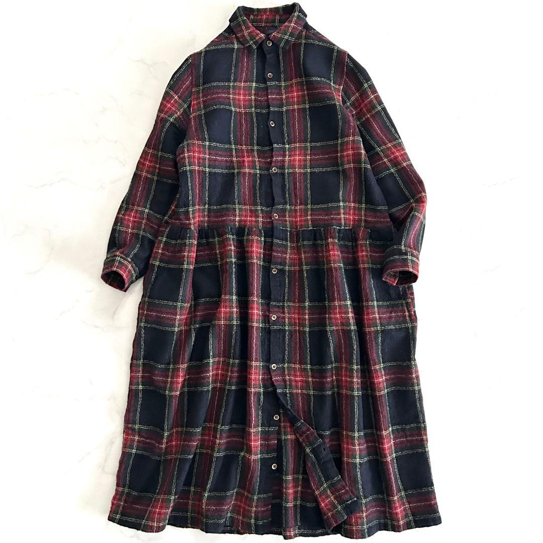 暖か イチ ichi チェックギャザーシャツワンピース ウール 黒 ブラック 毛