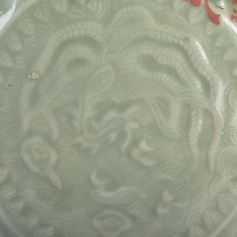 中国　龍泉窯　青磁　陽刻　龍鳳凰花文　扁壷　V　R7826