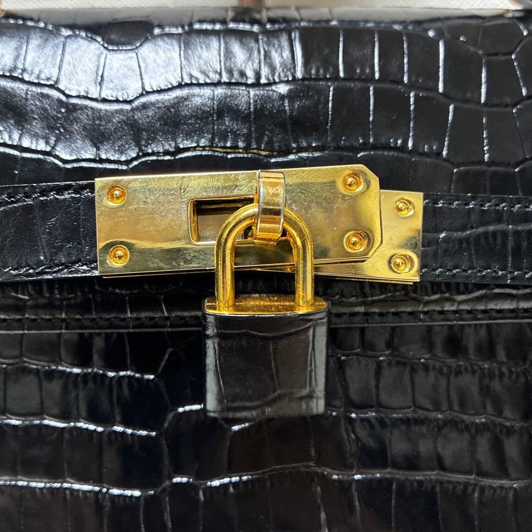 美品 M&K TOKYO クロコダイル シャイニング センター ハンドバッグ 黒
