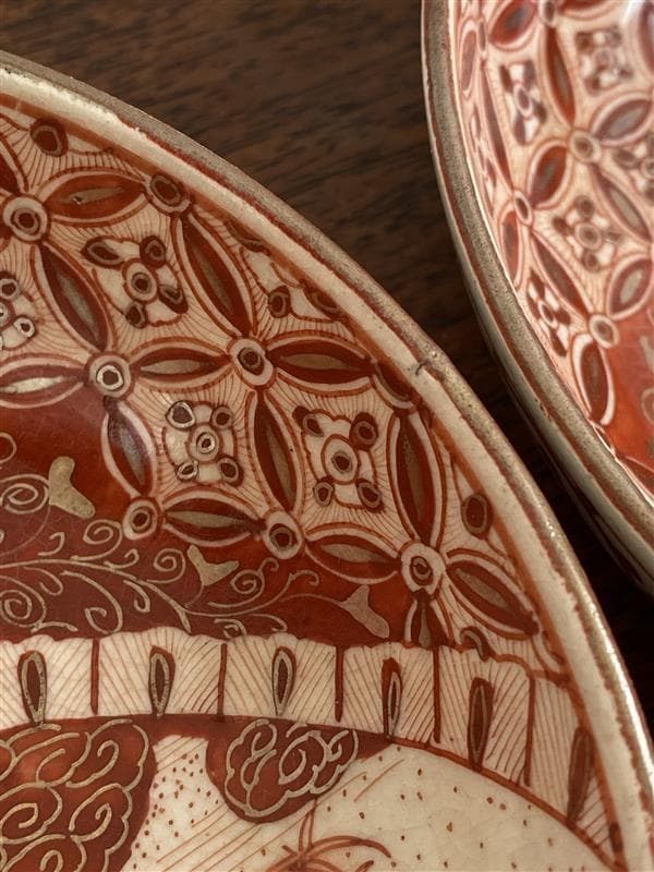 九谷焼　骨董　赤絵竹林賢人図中皿　7枚セット