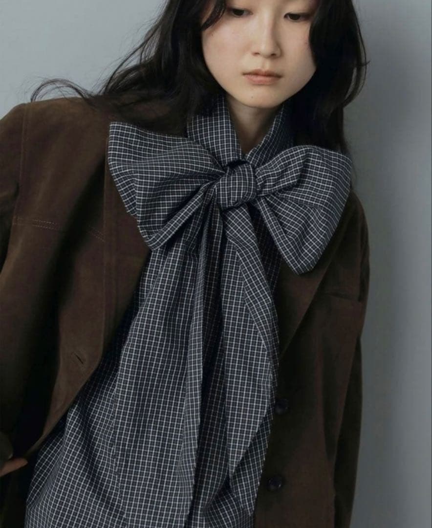 【試着のみ美品】ànuke アンヌーク リボン付きチェック柄シャツ