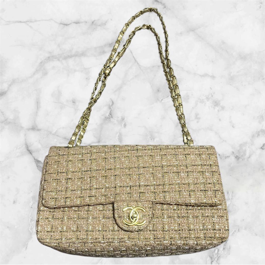 2/5まで限定出品　キルティング　ショルダー　ツイードバッグ　ベージュ　ゴールド