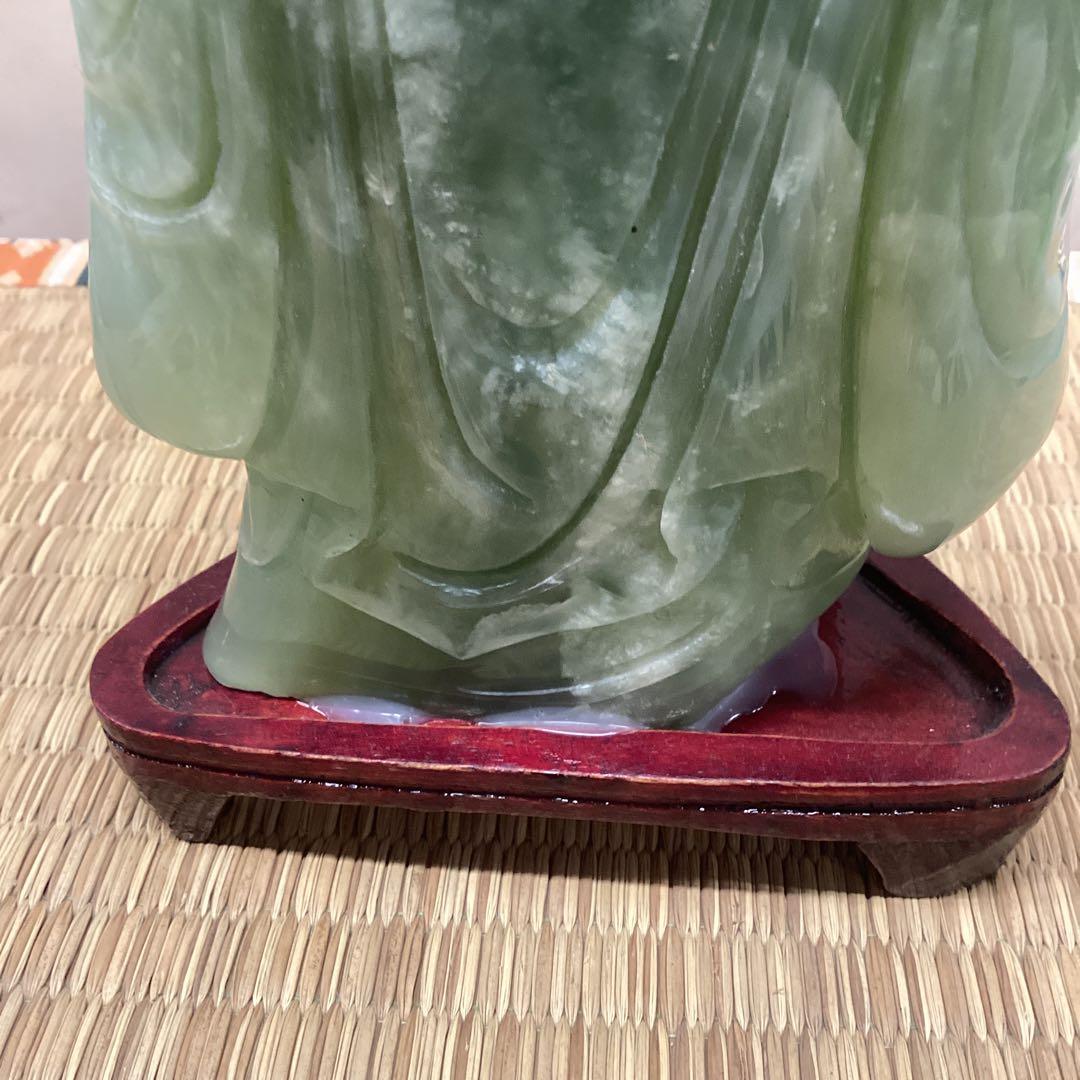 翡翠 神像 約24cm 木製台座付き