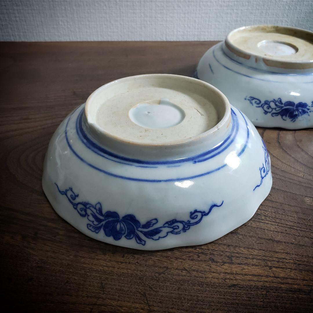 なます皿　色絵付　印判　変わり図柄　明治　大正　モダン唐草　2枚　欠け　ロ号