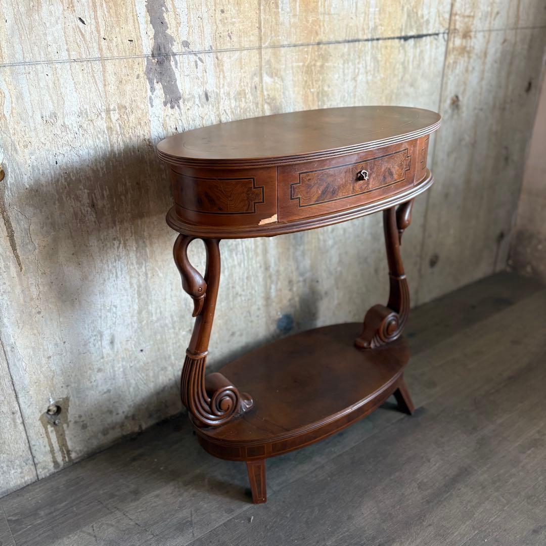 英国　白鳥モチーフ　オーバルコンソール　ウォルナット