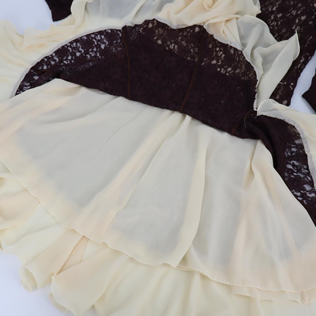 【美品 社交ダンス衣装】ブラウンレース地×クリーム ラテンドレス ストレッチ有