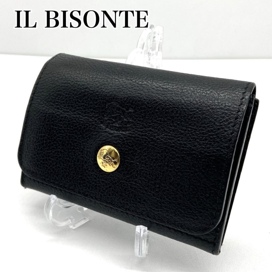 【希少】イルビゾンテ　名刺入れ　レザー　シボ革　金ボタン　ロゴ刻印　黒　極美品