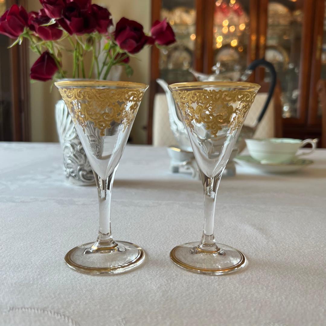 R様　ご売約　モーゼル　金彩金盛　クリスタル　ロカイユ　リキュールグラス　2客