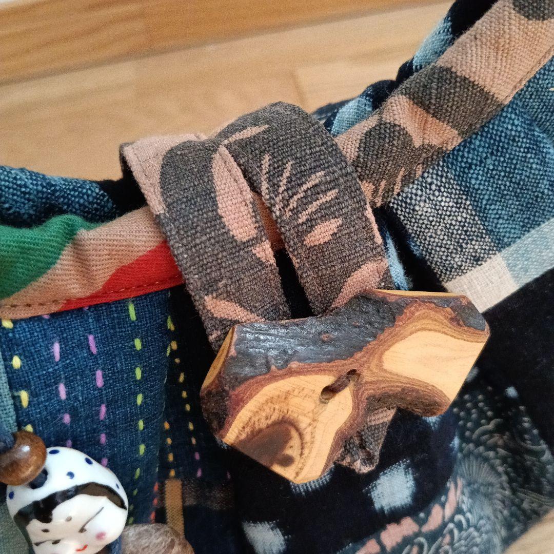 古布鶴亀　グラニーバッグ　鶴亀寿　藍染型染　ハンドメイド　柿渋染め