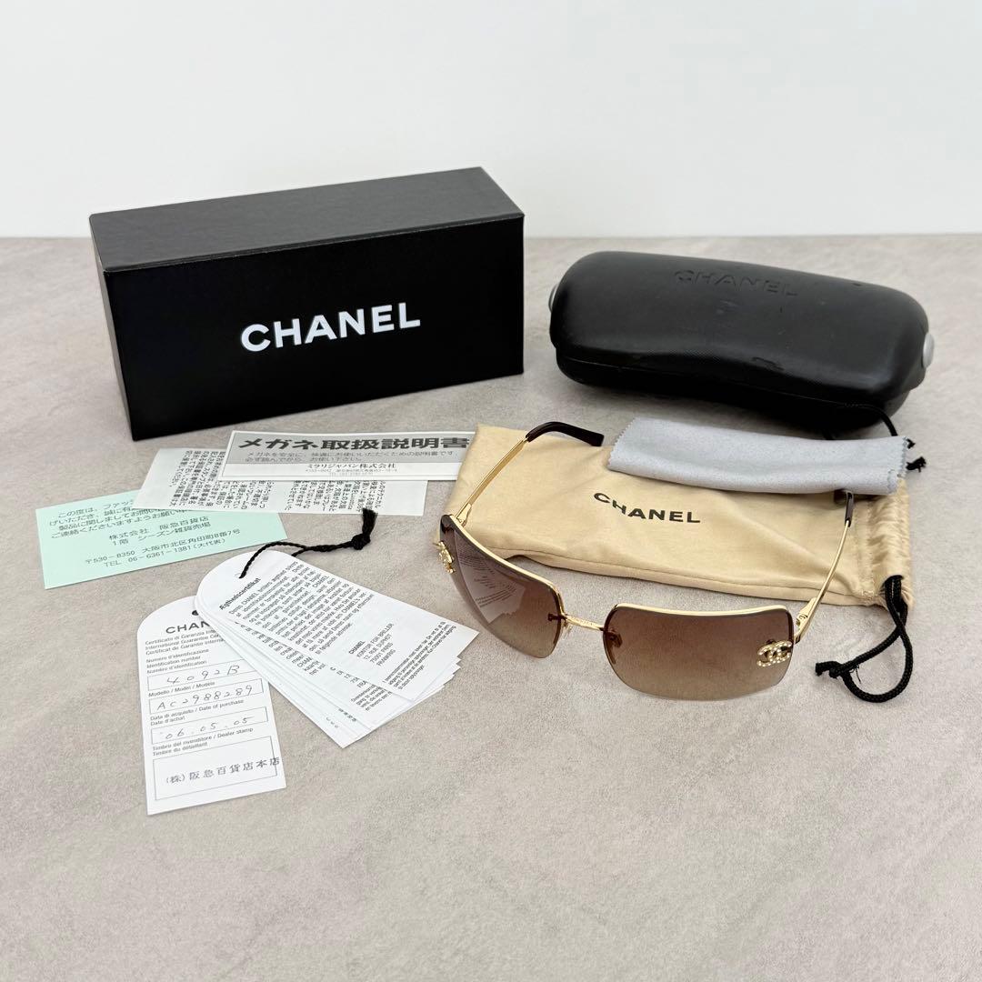 美品 CHANEL サングラス リムレス 4092-D ブラウン ラインストーン