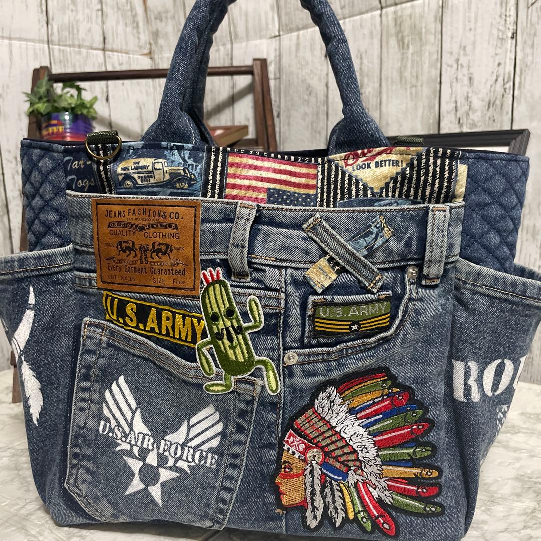 No. 489 デニムリメイクバッグ　トートバッグ　ルート66 インディアン