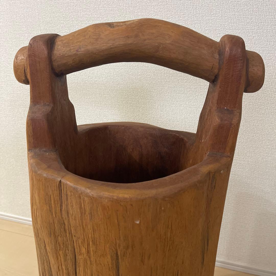 天然無垢材　古道具　レトロ　手桶型傘立て　花器　くり抜き 手桶型 置物 オブジェ