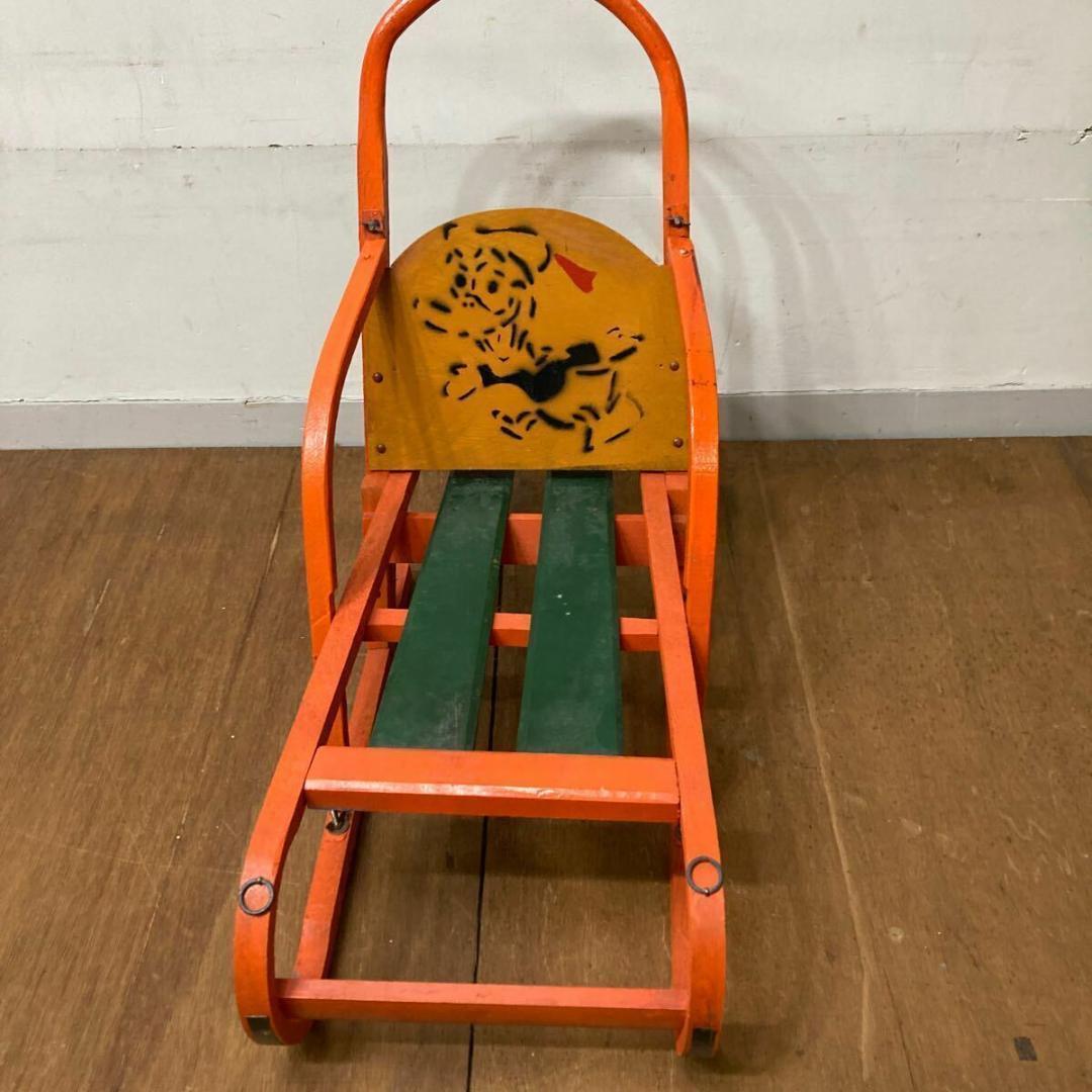 木製 手押し そり 昭和レトロ オレンジ10 曲げ木 犬ぞり 犬そりガーデニング