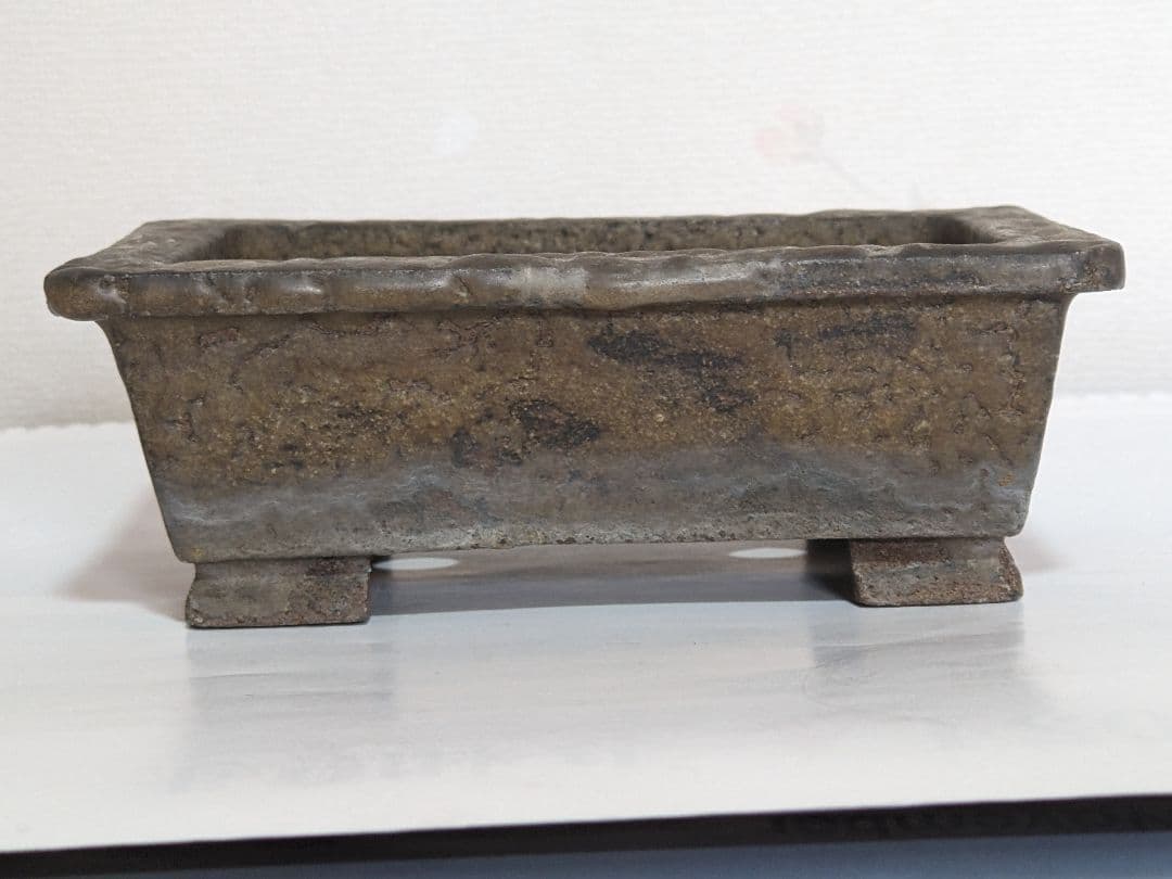 ♦小品盆栽鉢 辰山の釘彫り印 長方形四足ミニ盆栽鉢？中国 国内 古美術骨董品