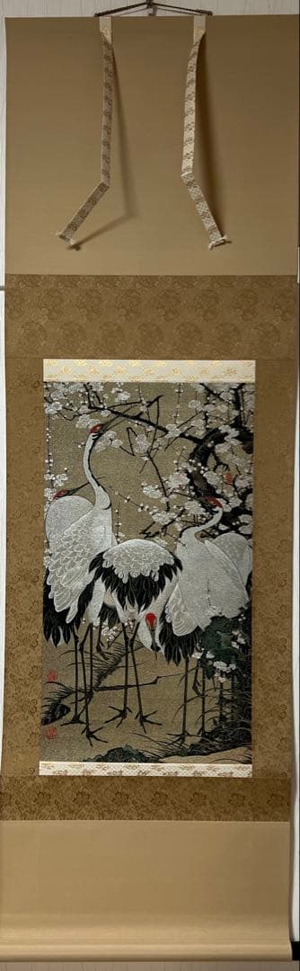 西陣美術織工房 伊藤若冲［梅花群鶴図］名画複製　美品 太卷 共箱！
