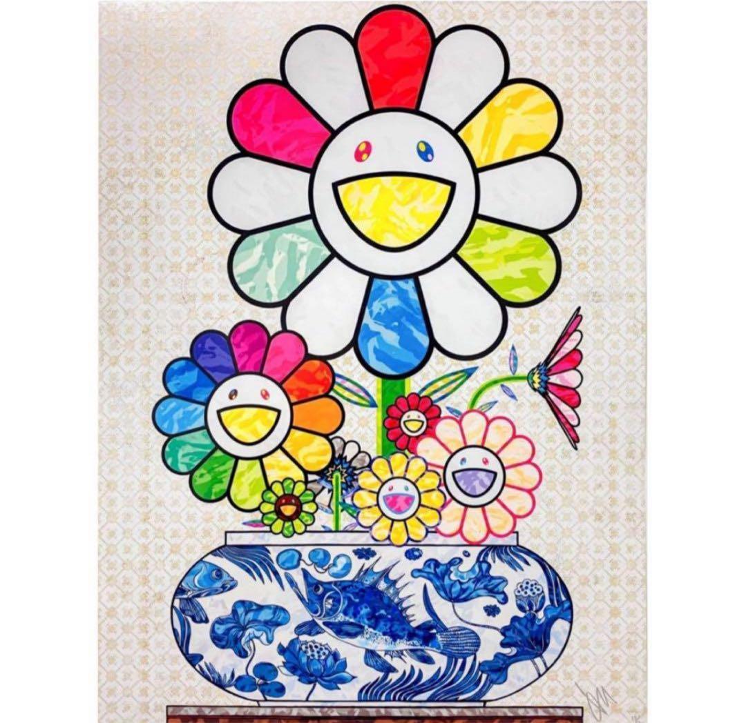 【ED300】青花の壺に村上フラワー 村上隆 もののけ京都 サイン入りポスター