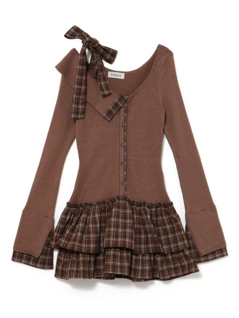 Bubbles チェックリボンワンショルワンピース