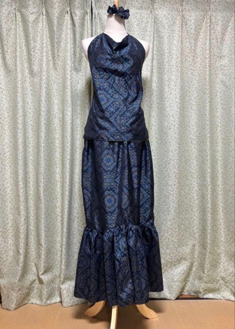 美　大島紬　着物リメイクドレス　マキシ丈　ドレープマーメイド　ダンス衣装　４点