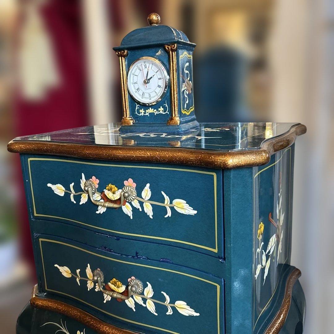 ロココ調チェスト ダークグリーン 2段引き出し　時計付き