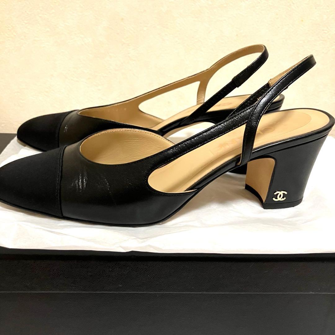 【美品】CHANEL シャネル スリングバック シューズ 38.5 ブラック