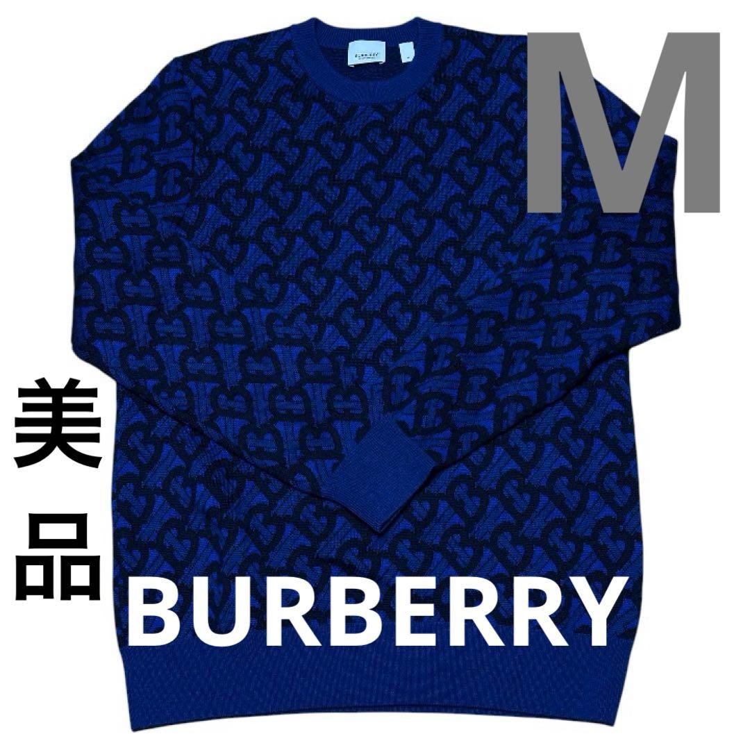 美品 BURBERRY ニット バーバリー セーター M TBロゴ 総柄 ブルー