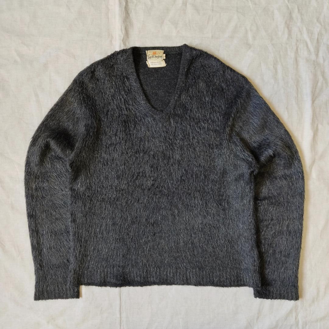 毛足長 60s シャギー モヘアニット Vネック ダークグレー ビッグサイズ L
