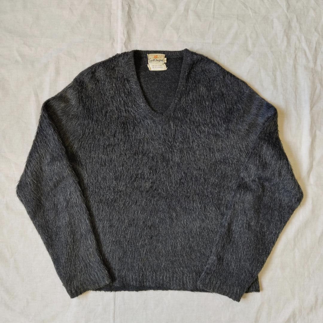 毛足長 60s シャギー モヘアニット Vネック ダークグレー ビッグサイズ L