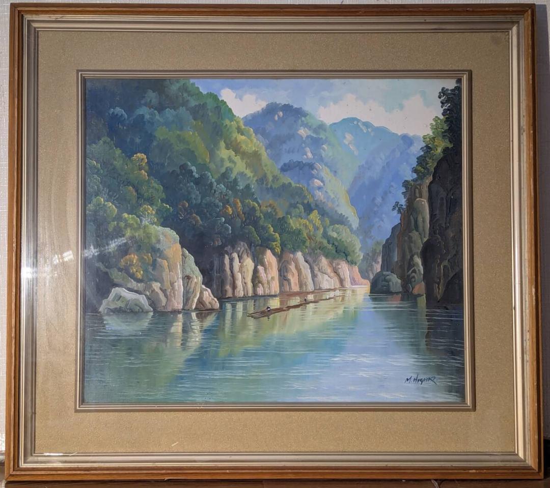 【真作】絵画　油彩10号　渓谷の舟行　雄大な山水と静けさの漂う風景画　Y52