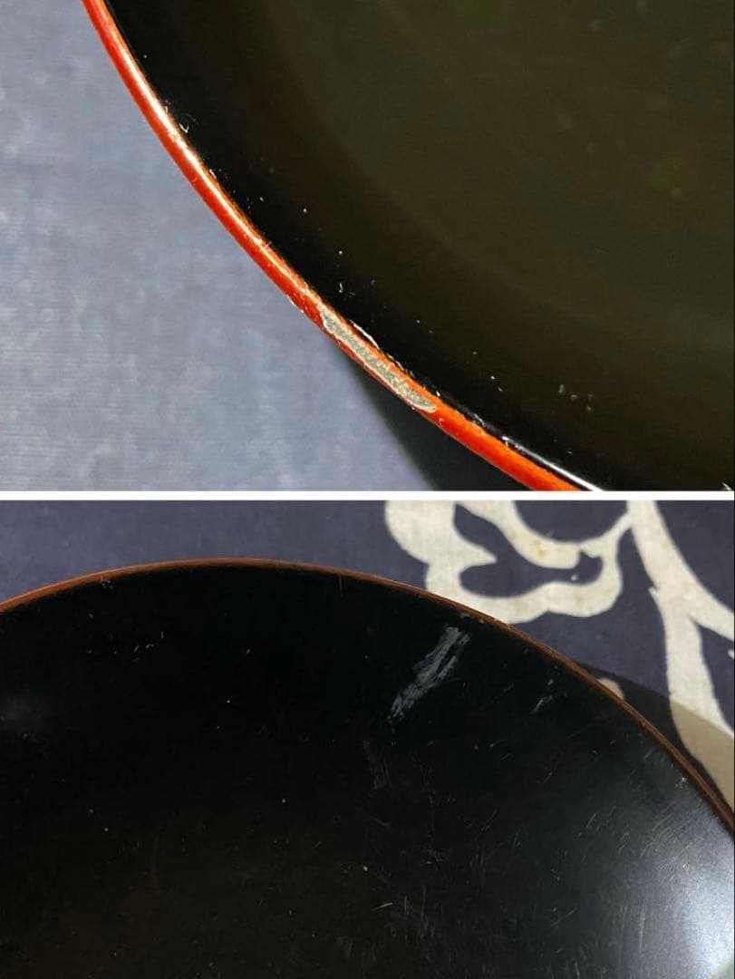 大正時代物骨董　天然木製漆器椀　梅柄金蒔絵・螺鈿　外朱内黒　菓子椀・雑煮椀　二客