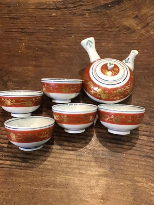 吉田美統　錦山銘　赤地金蘭手茶器揃え　茶具　人間国宝