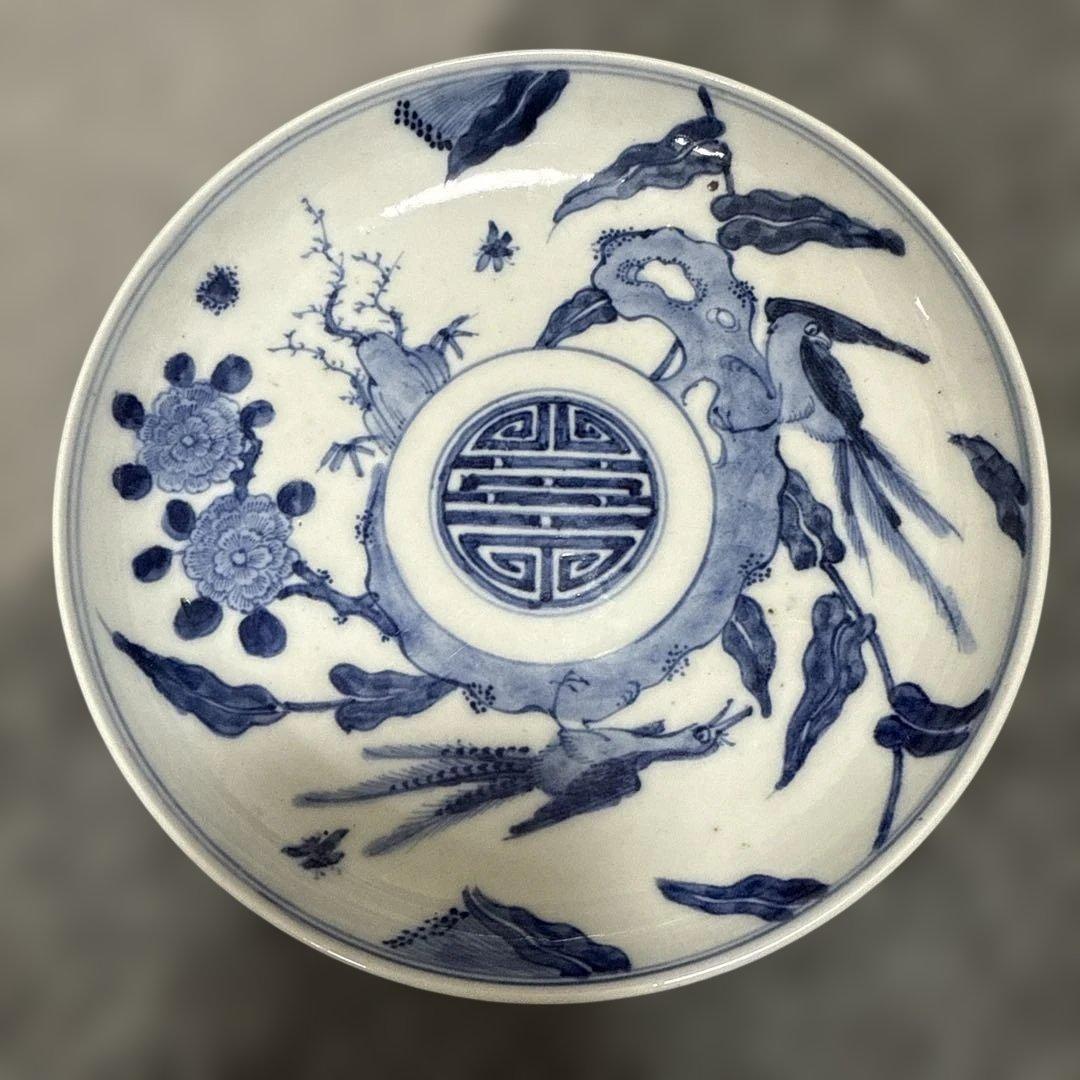 古美術　大明成化年製　青花染付け　野鳥　花中皿　1464年〜1487年作品