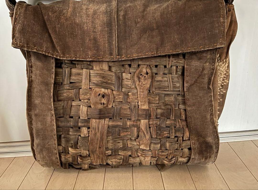SALE◆希少 柿渋古布と国産山葡萄蔓 背負える大型籠リュック 斜め掛