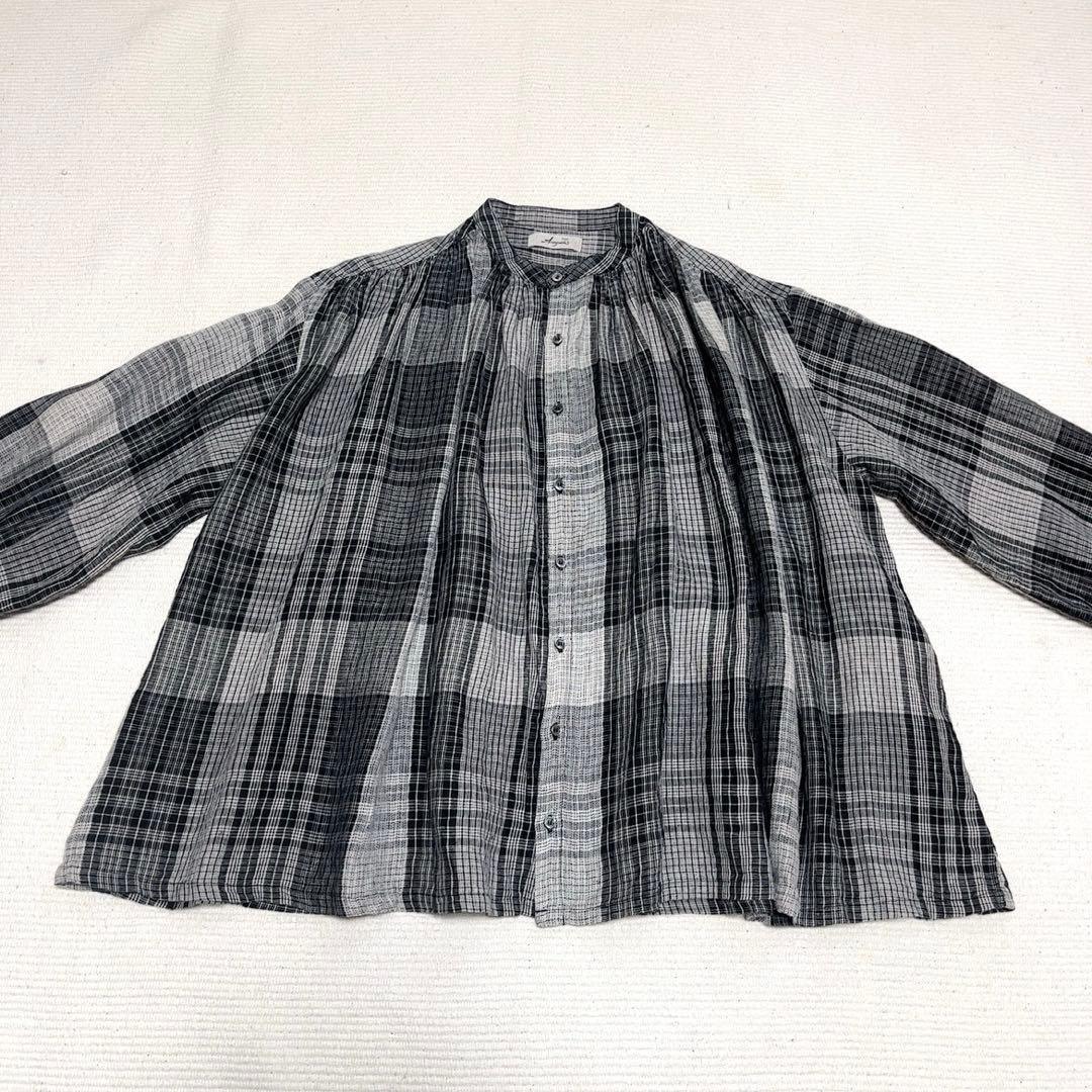 イチアンティークス　リネンギャザーブラウス　ワイド　バンドカラー　洗える　日本製