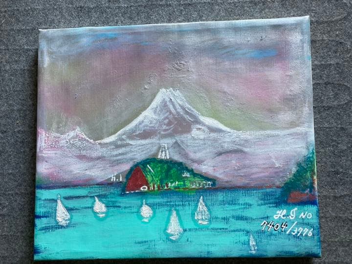 空飛ぶ画家、発明家、飛行家の糸川裕志の幻想絵画です。