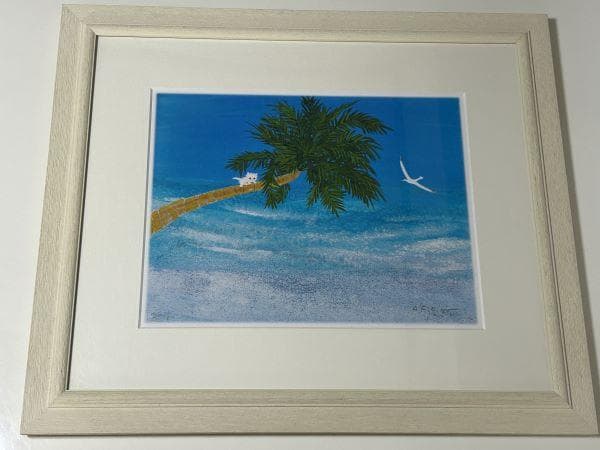 Y【保管品】渡辺あきお　海辺の出会い　ねこ　海　版画　限定　 17/100 レア