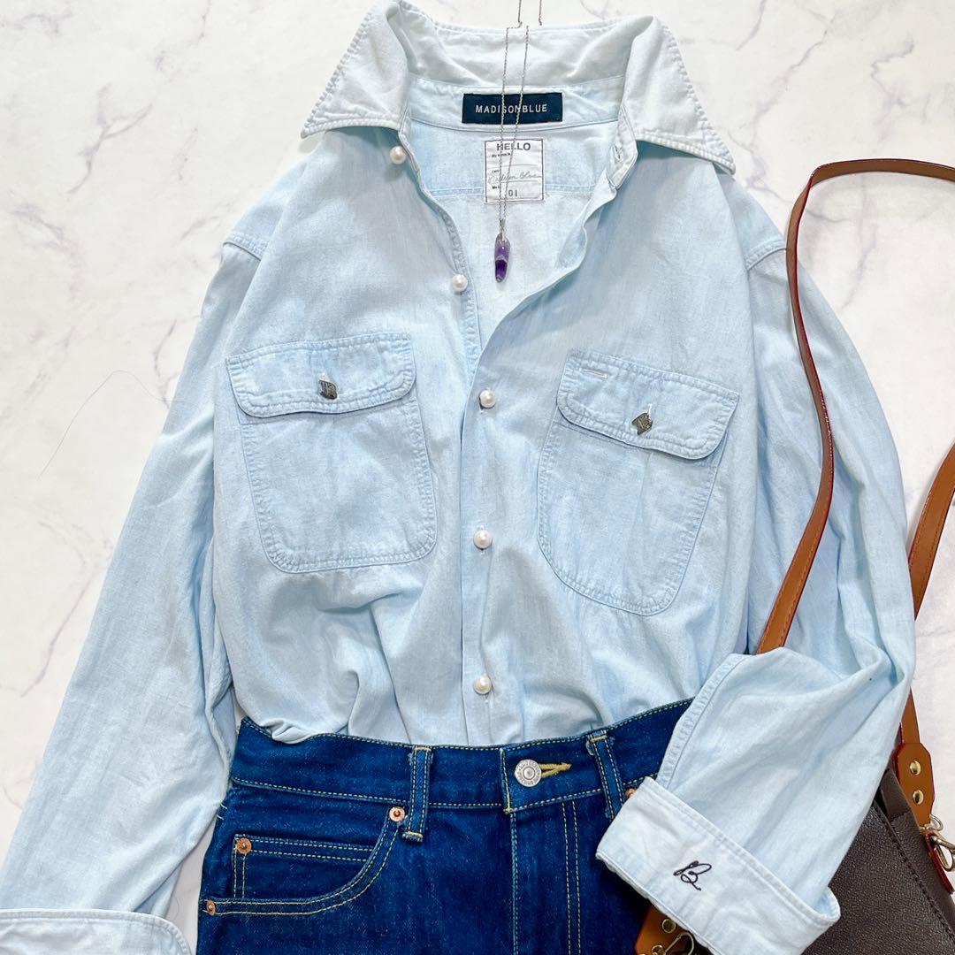 希少✨マディソンブルー パールボタンシャツ Bロゴ刺繍＆ロゴボタン 01