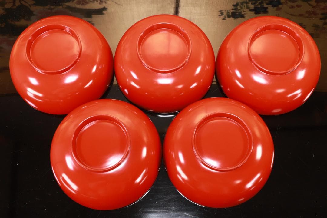 BJ120　時代輪島塗　四君子図蒔絵　吸物椀　五客　木製　茶道具 懐石 会席