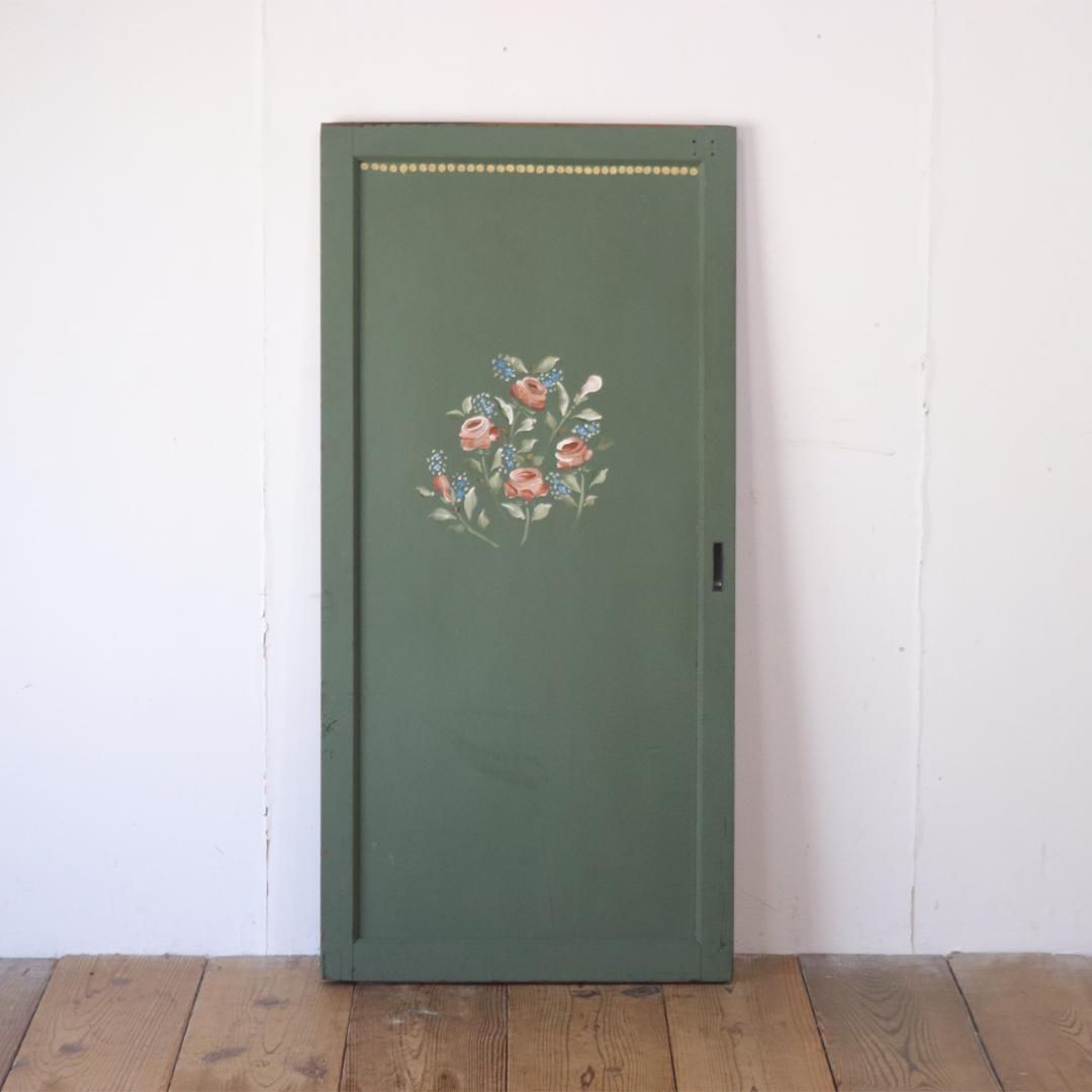 レトロ 建具 扉 引き戸 ドア ペイント 緑 花柄 木製 ヴィンテージ 1